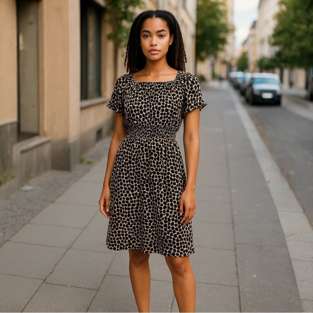 Merona Black Tan Beige Animal Print Midi Dress L